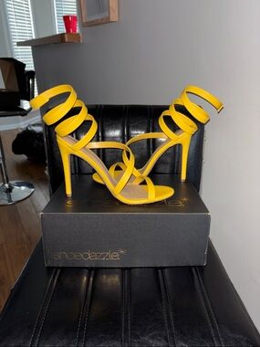 Shoe Dazzle Bright Yellow Spiral-Strap Stiletto Sandals